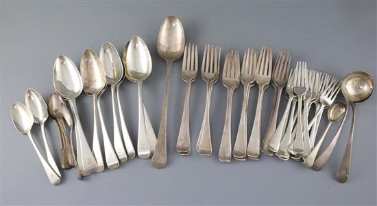 A harlequin part canteen of 19th century Old English and fiddle pattern flatware, 68.5 oz.